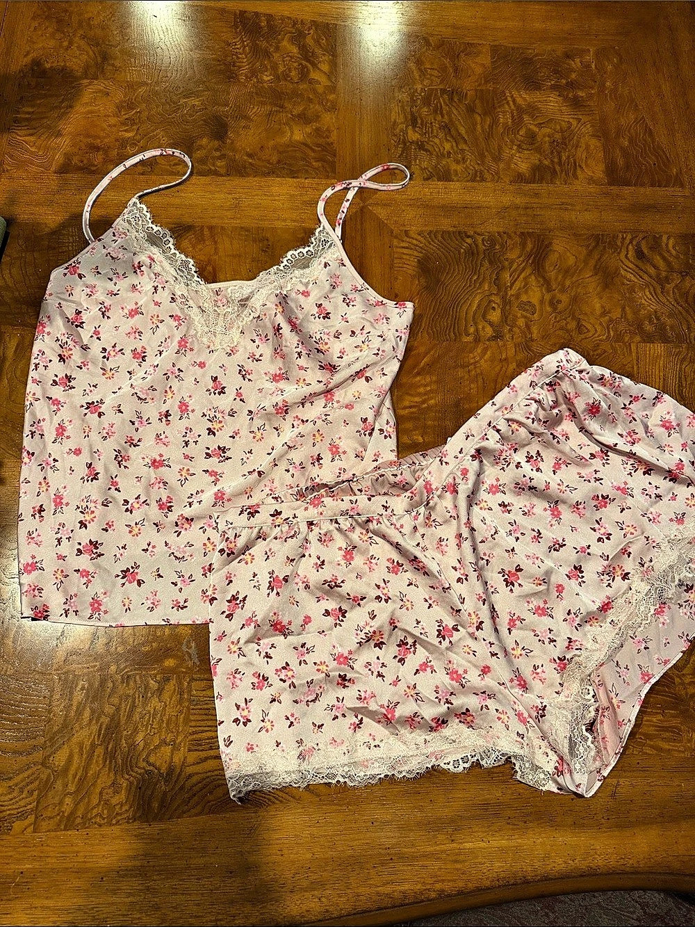 Victoria's Secret Floral Lace Trim Pajama Set Pink Large Like New